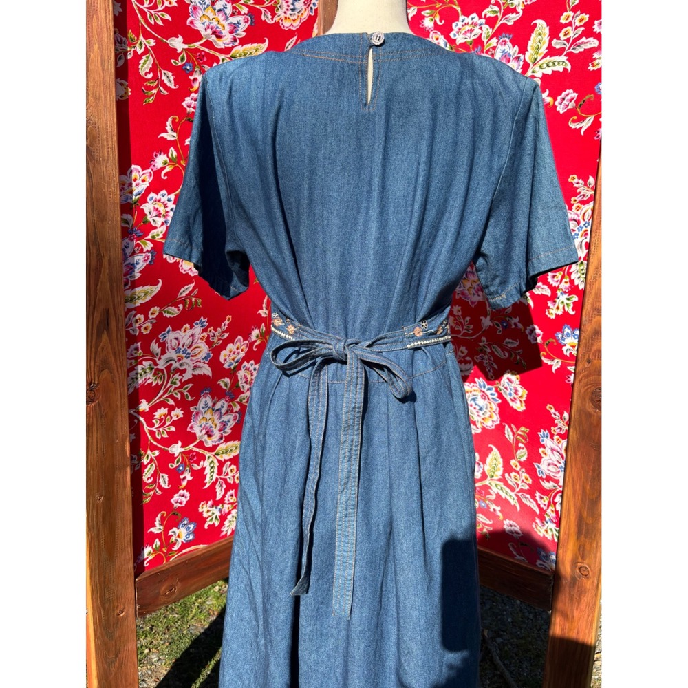 VTG 90's 100% Cotton Soft Denim Embroidered Western Prairie Maxi Dress Size L - Picture 4 of 16